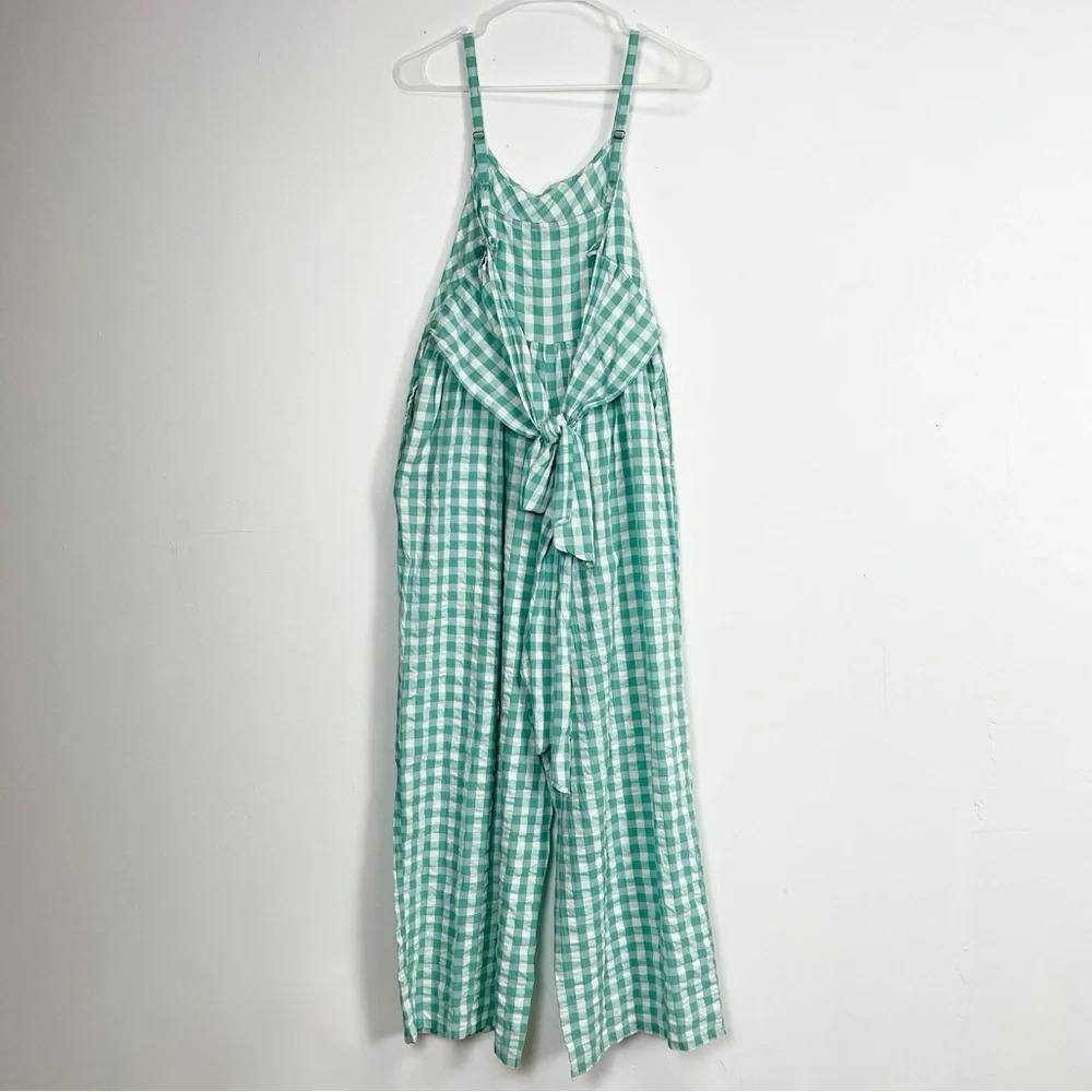 NEW Nordstrom Jumpsuit Womens XS Green White Gingham Sleeveless Tie Back NWOT - Picture 2 of 15
